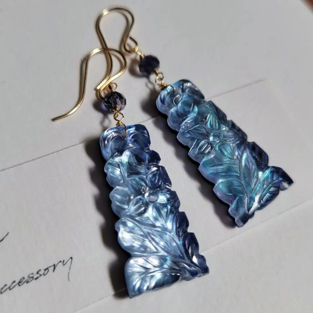 ラピス×マザオパ×クリスタル レクタングルカービングピアス