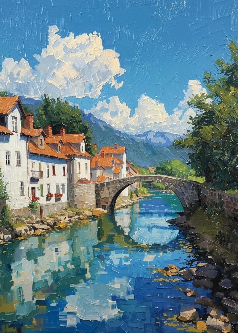 1618 ヨーロッパの田舎町 ポスター 風景画 油絵風 川と橋 癒し - メルカリ