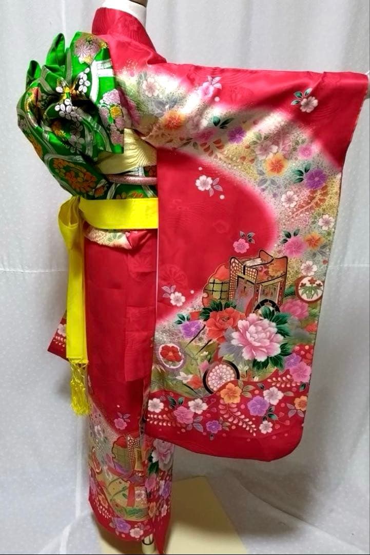 七五三　女の子　７歳　正絹着物　長襦袢　袋帯　御所車花文　暈し染め　金彩　逸品