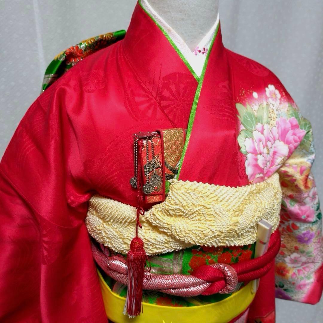 七五三　女の子　７歳　正絹着物　長襦袢　袋帯　御所車花文　暈し染め　金彩　逸品