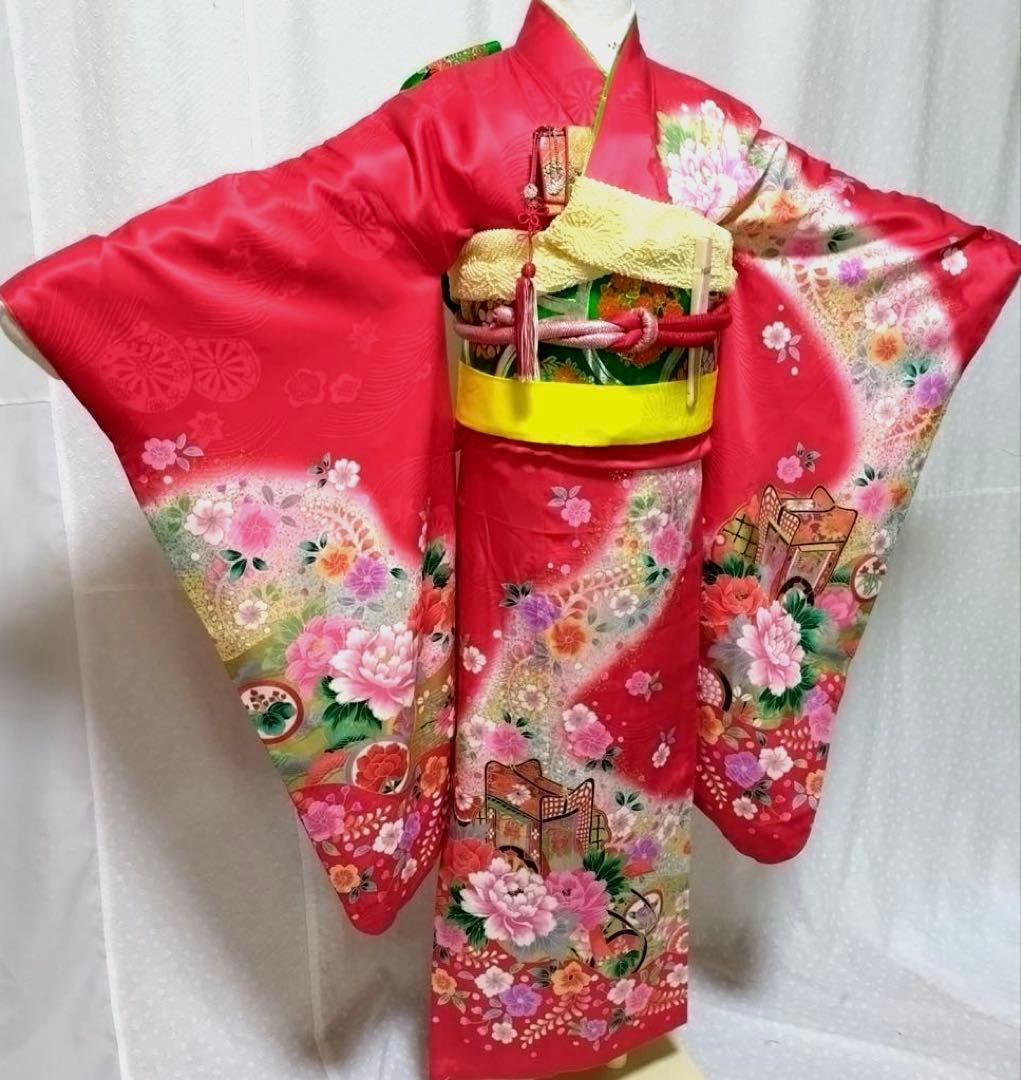 七五三　女の子　７歳　正絹着物　長襦袢　袋帯　御所車花文　暈し染め　金彩　逸品