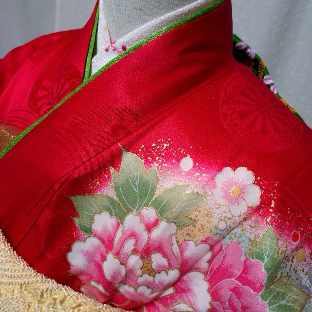 七五三　女の子　７歳　正絹着物　長襦袢　袋帯　御所車花文　暈し染め　金彩　逸品