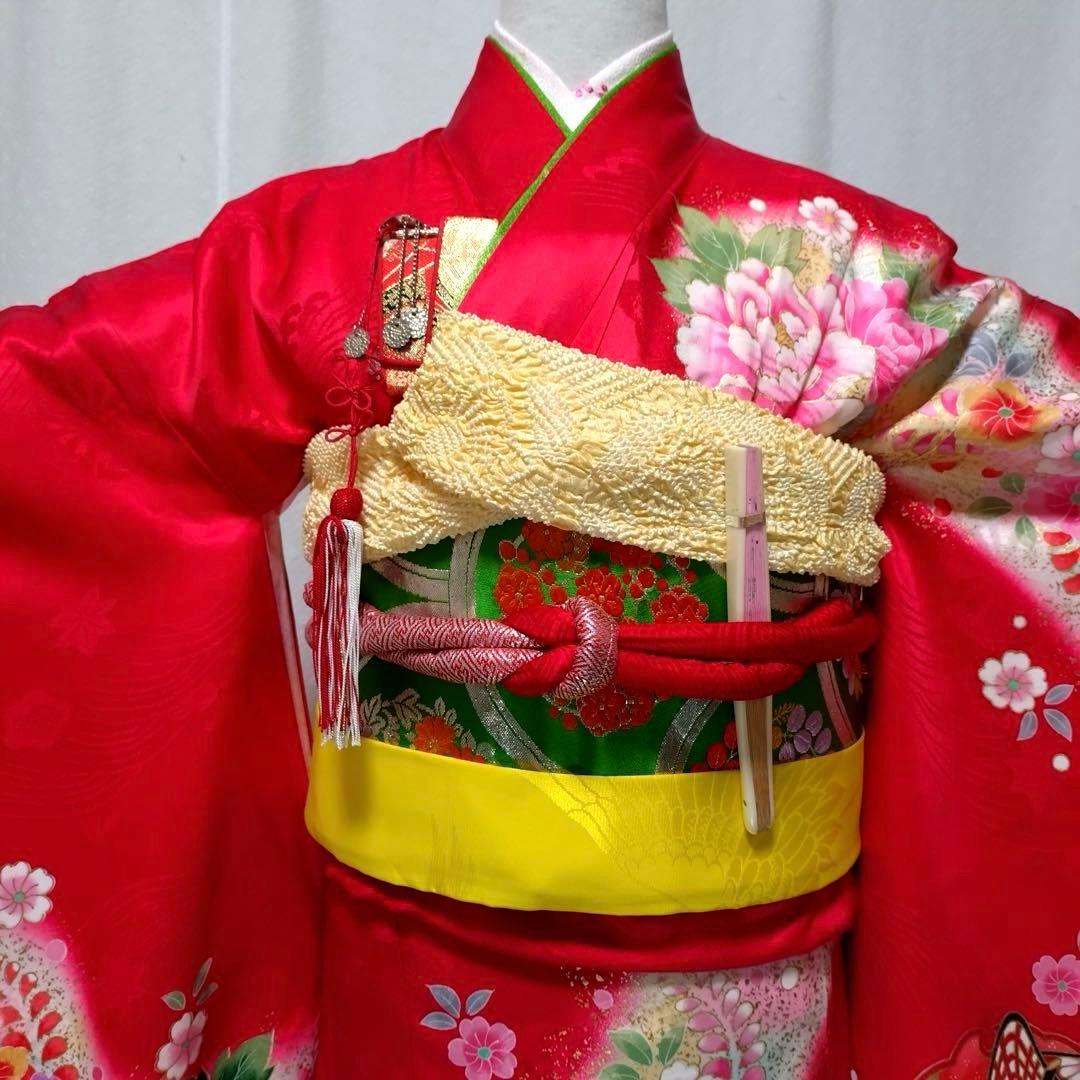 七五三　女の子　７歳　正絹着物　長襦袢　袋帯　御所車花文　暈し染め　金彩　逸品