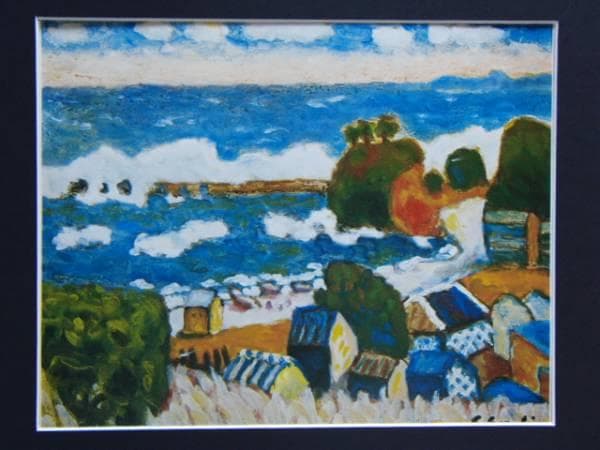 鈴木 信太郎、海ぞいの家、希少画集画、新品額装付