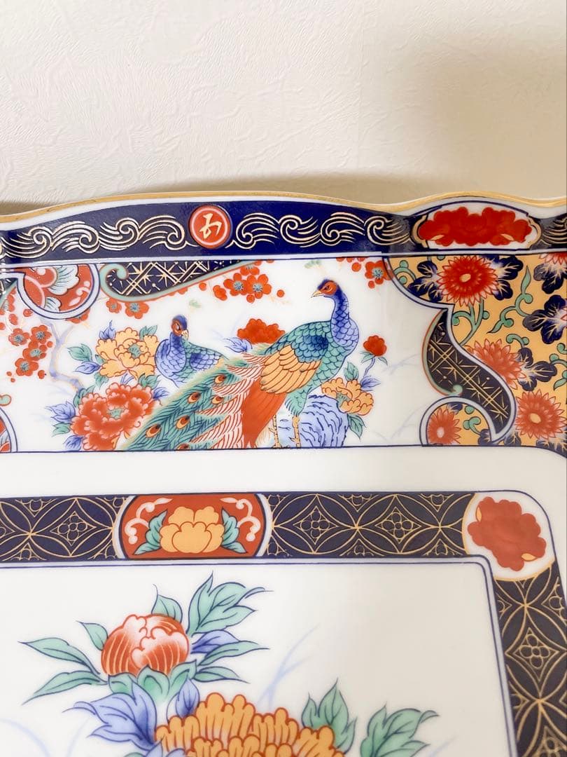 有田焼 丸五謹製 古伊万里 岩牡丹 高台皿 正方皿 孔雀 盛皿 大皿