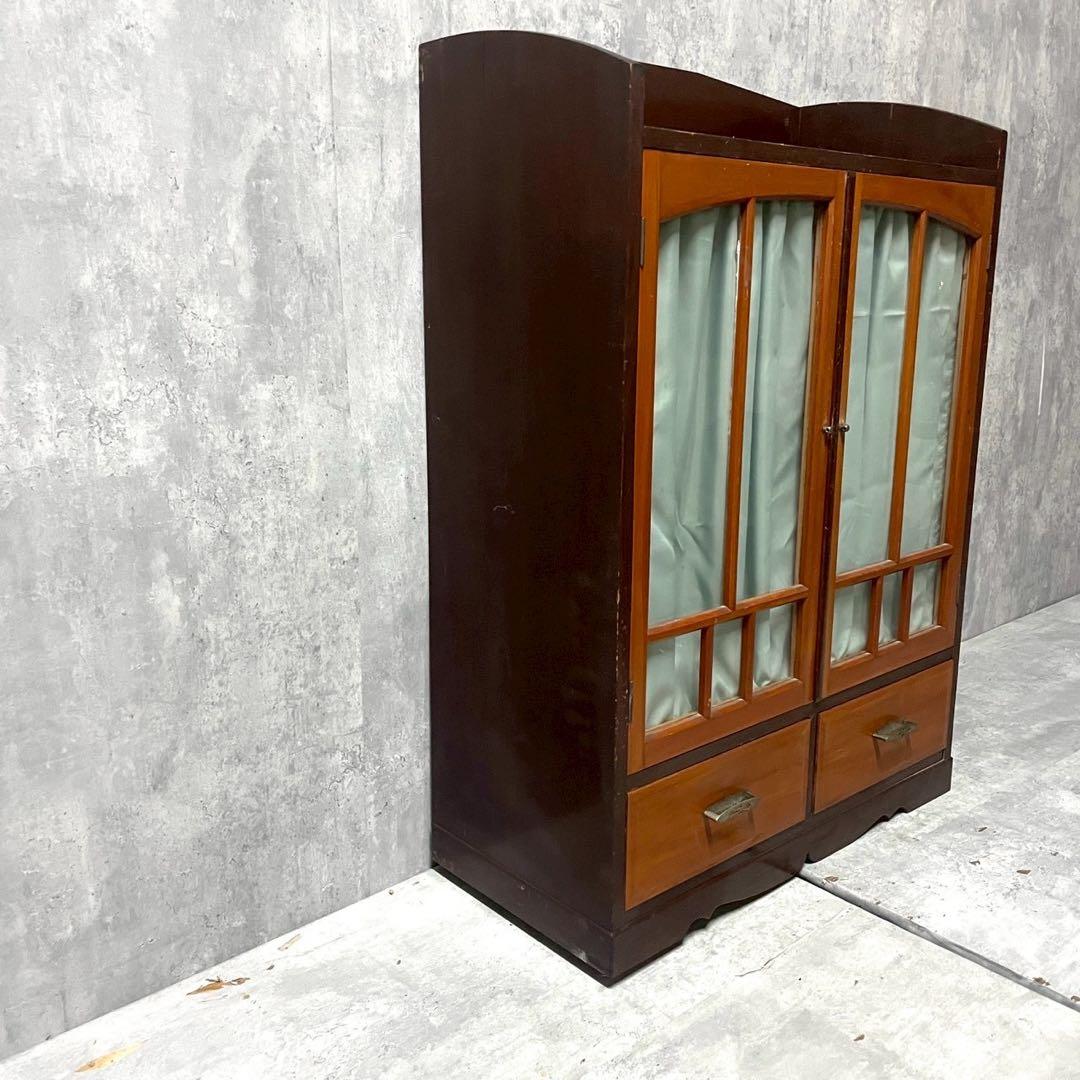 古家具 昭和レトロ アンティーク 木製ガラス扉収納棚