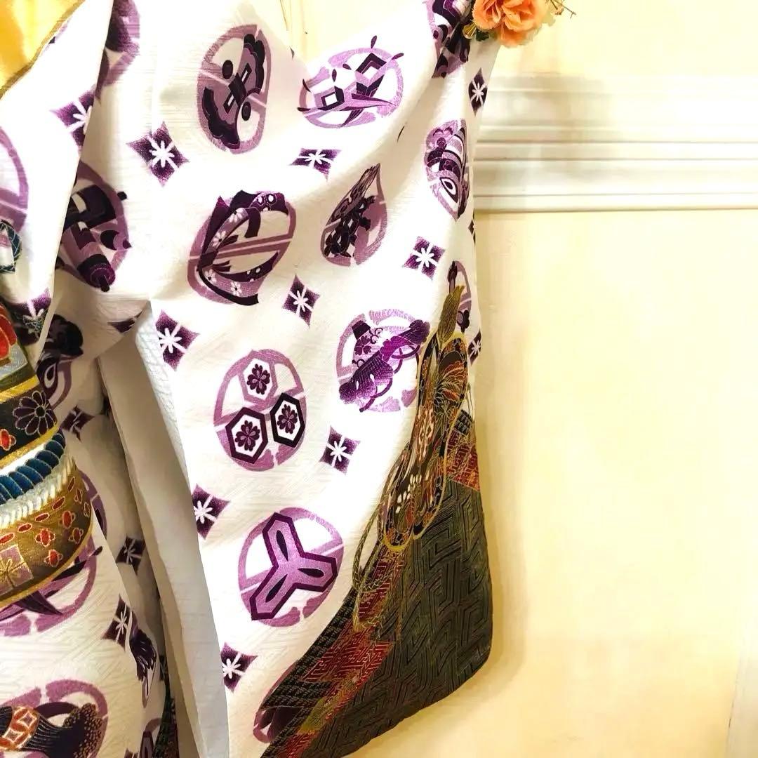 美品‼️七五三 五歳‼️白地紫兜龍金彩金箔裾ゴールド❤️完全フルセット‼️家から揃え無