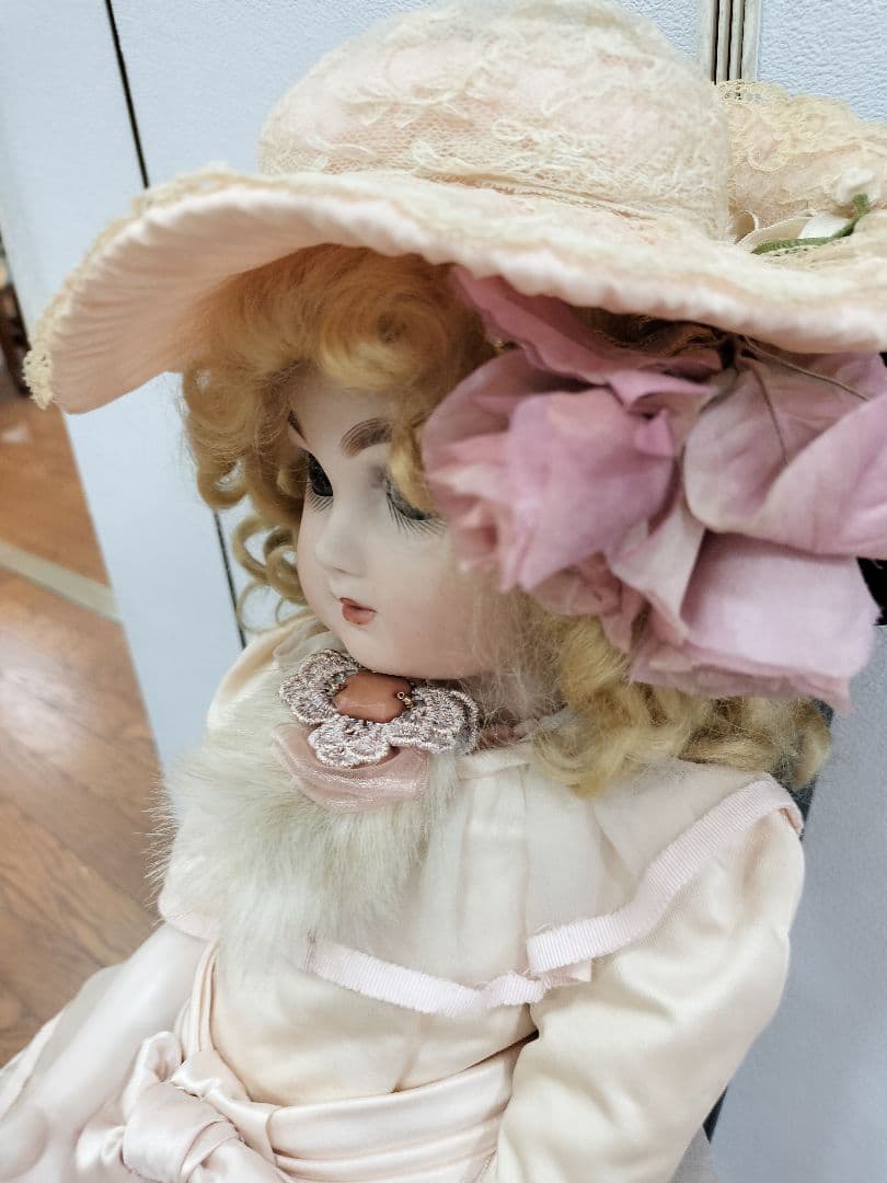 ローズさん　アンティーク　ビスクドール金髪ピンクドレス レース帽子