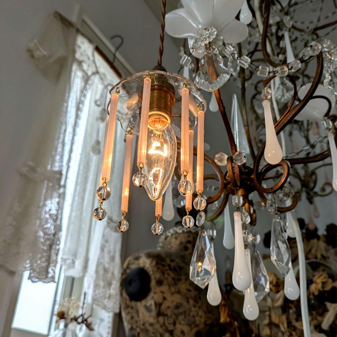 cフランスアンティーク　ピンクオパリンストロードロップ　ミニシャンデリアシェード