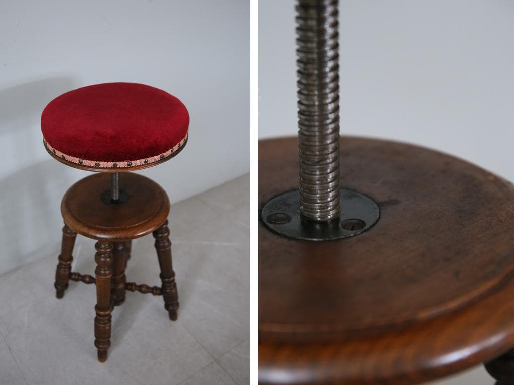 フランスアンティーク古木ピアノスツール/木製チェア/演奏用回転イス(92-150