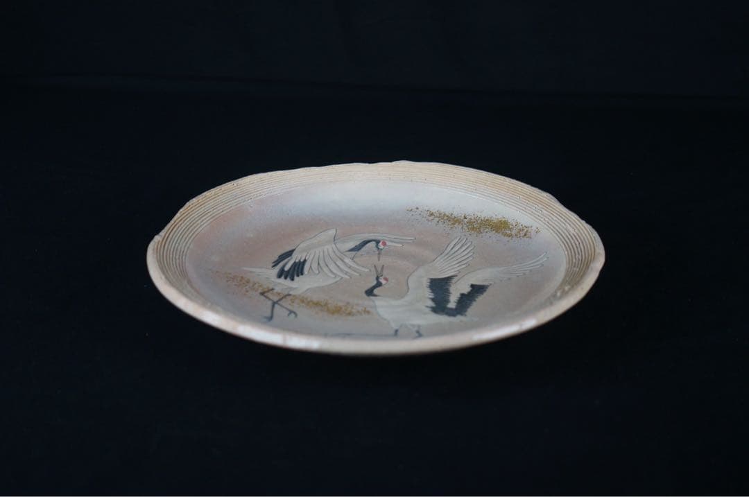 十二世 坂高麗左衛門 作 萩焼 陶彩景 双鶴図櫛目皿 共箱 共布 保証品