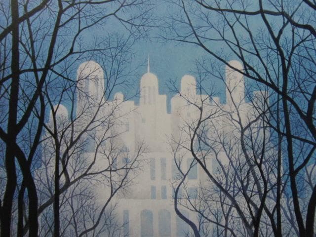 中町進、【古城への並木】、希少な額装用画集画、新品高級額 額装付