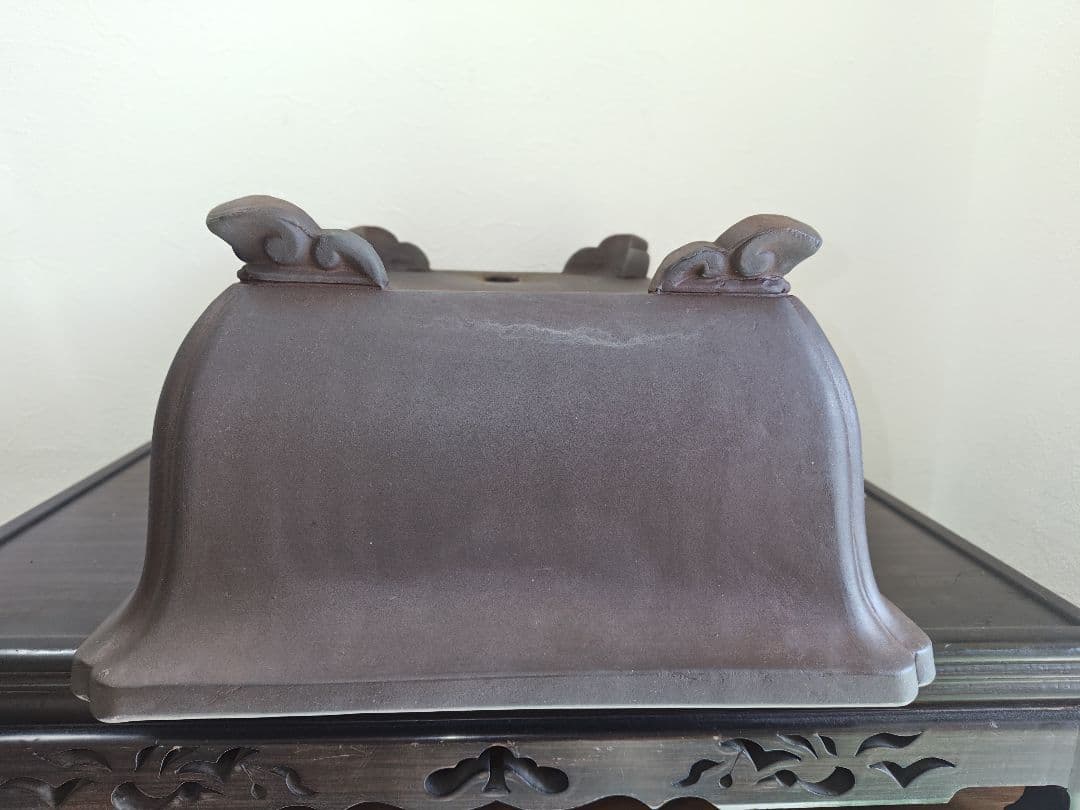 陶器製長方形盆栽鉢 ブラウン 約47cm×36cm×19.5cm　落款　太山