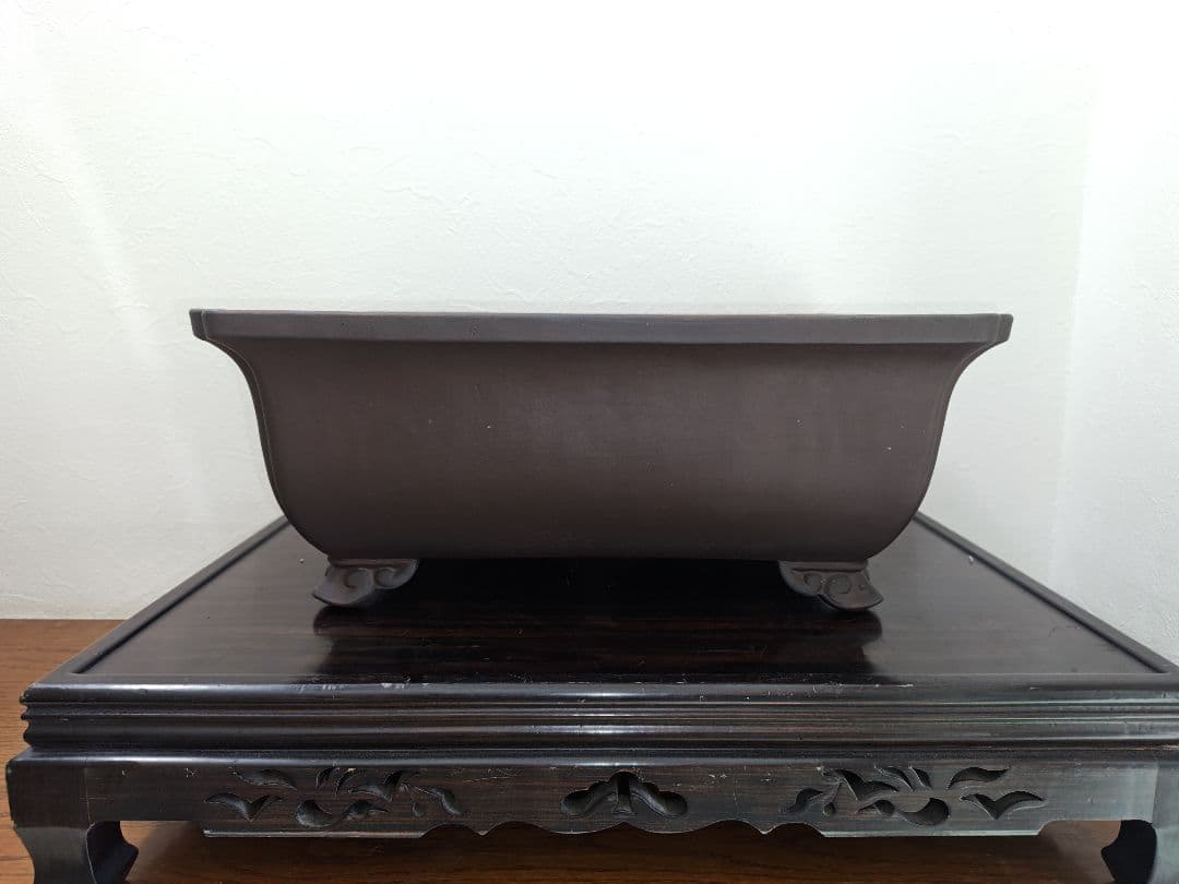 陶器製長方形盆栽鉢 ブラウン 約47cm×36cm×19.5cm　落款　太山