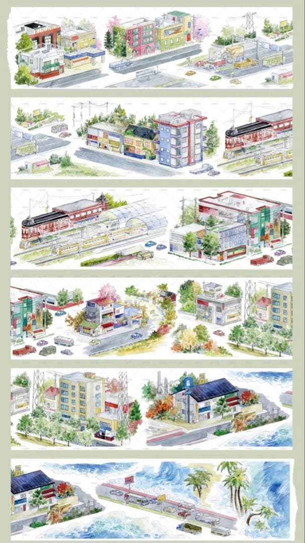 【8894】海外　マステ　3/5/巻　PETマスキングテープ　街　海　道路景色