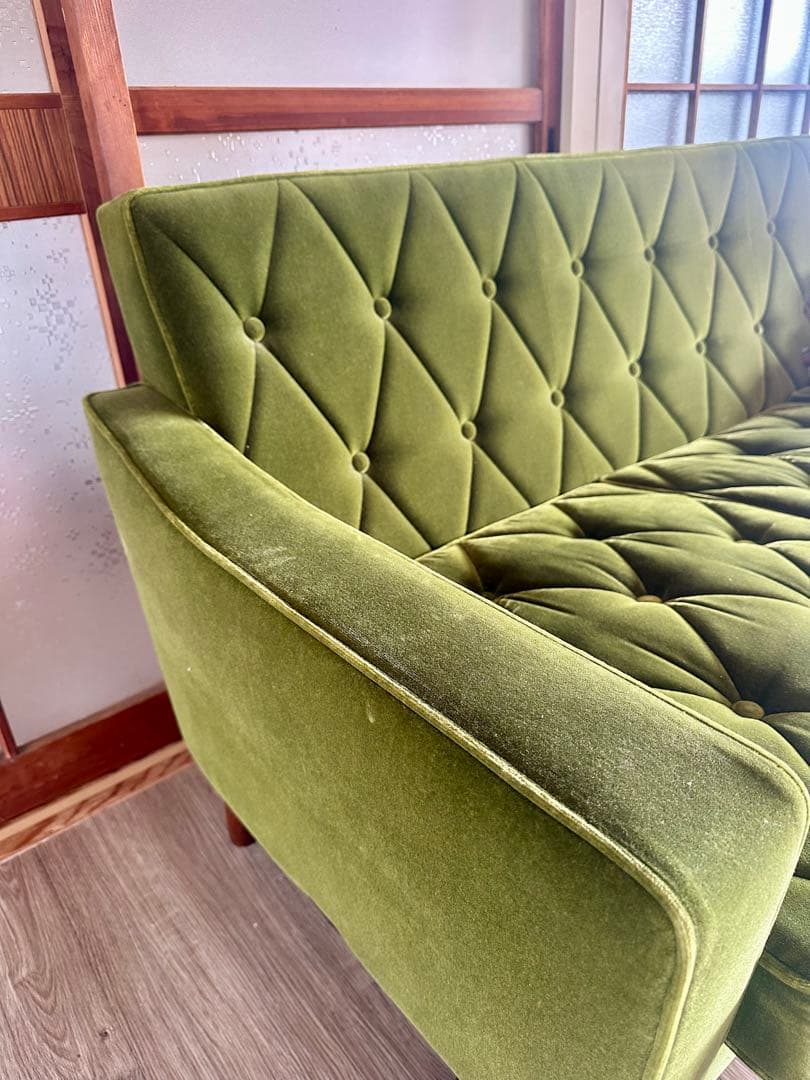 【カリモク】グリーン・ベルベット 3人掛けソファ