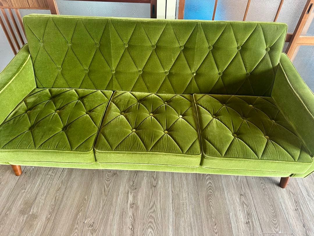 【カリモク】グリーン・ベルベット 3人掛けソファ