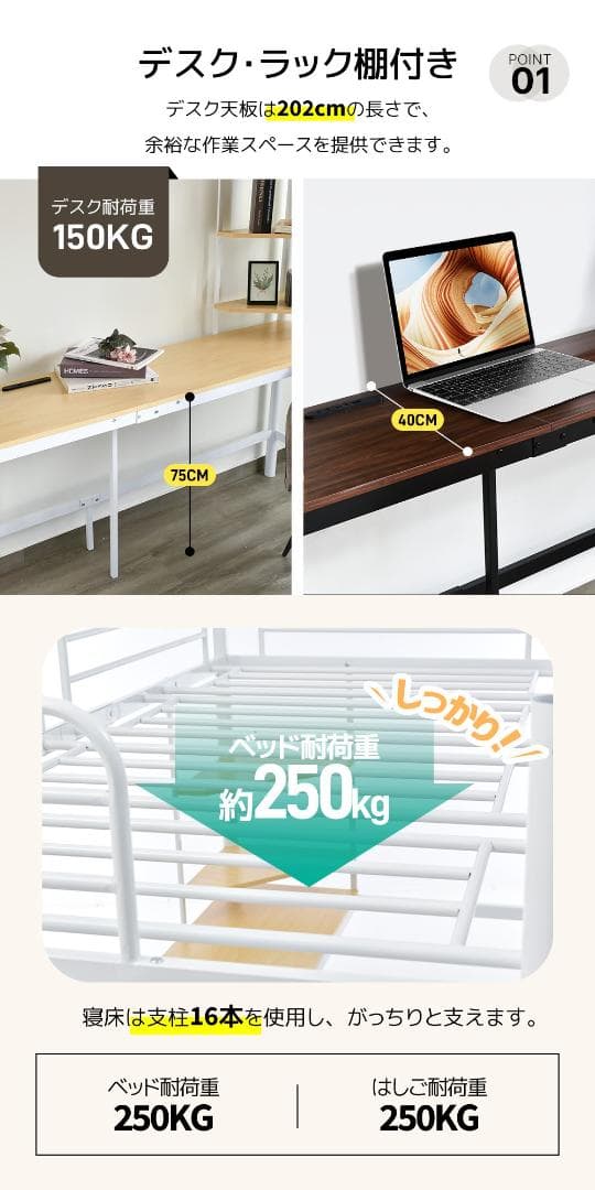 システムベット ロフトベッド シングル コンセント付き デスク付き