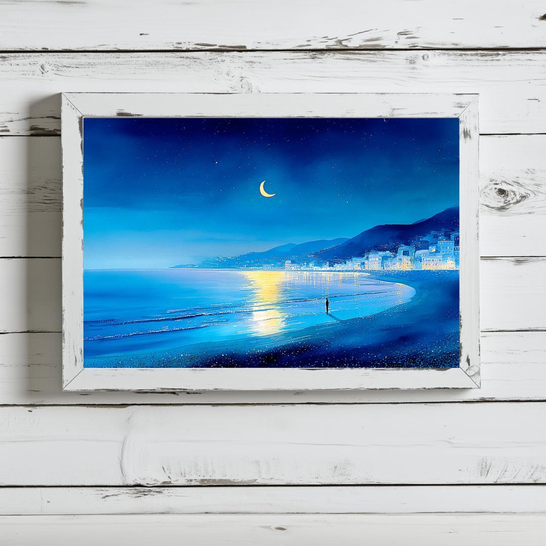 A4 月が立つ夜の海辺｜幻想的なペンと水彩の風景画 - メルカリ