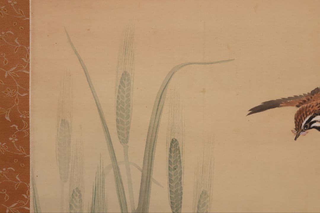 【模写】日本画 益田楳岳 花鳥 雀 草花 絹本 掛軸 MB160