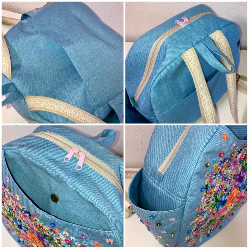 新作!リュック♡手刺繍♡デニム♡花柄＆蝶々モチーフ