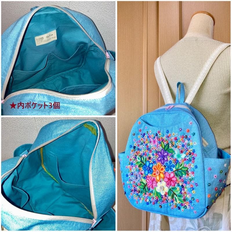 新作!リュック♡手刺繍♡デニム♡花柄＆蝶々モチーフ