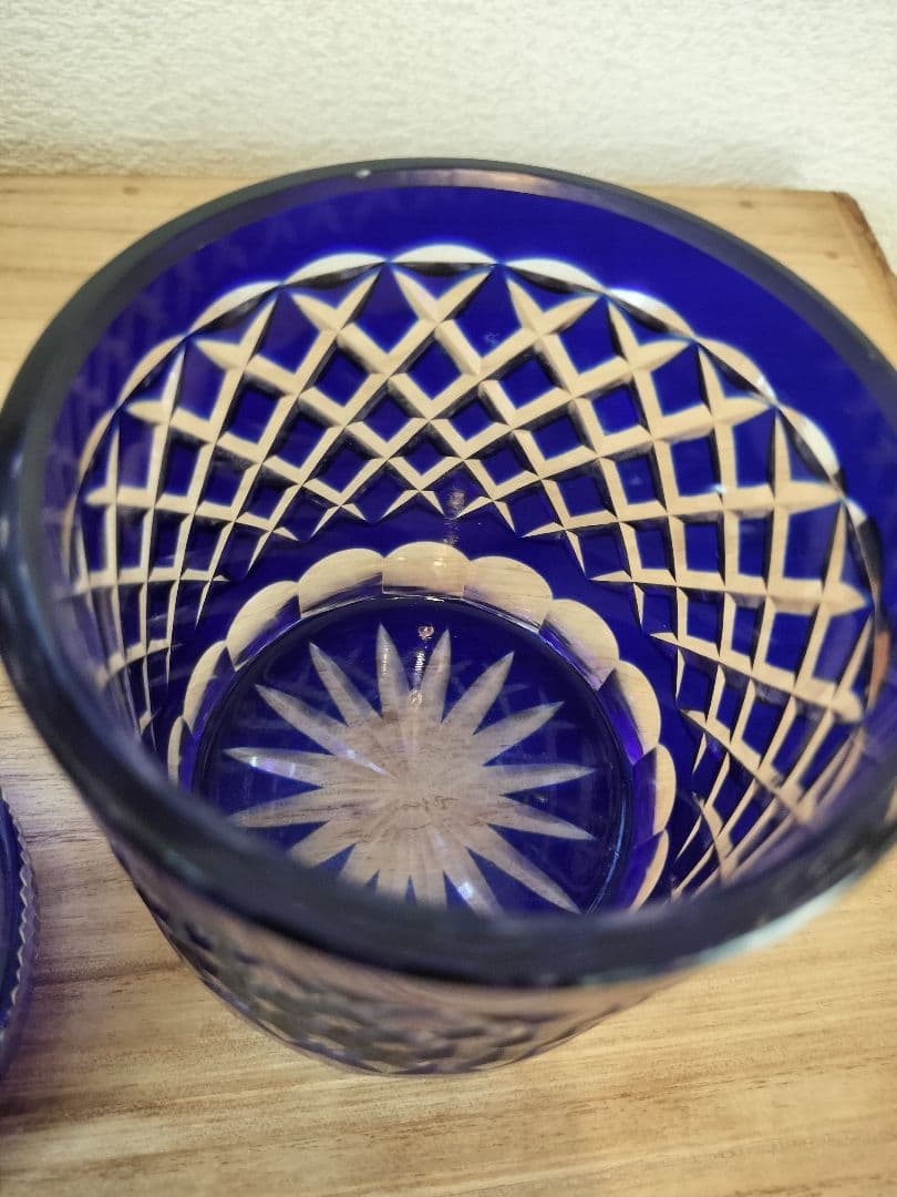 40年前昭和レトロ☆江戸切子 蓋付きコットン綿棒ケース キャンディー等