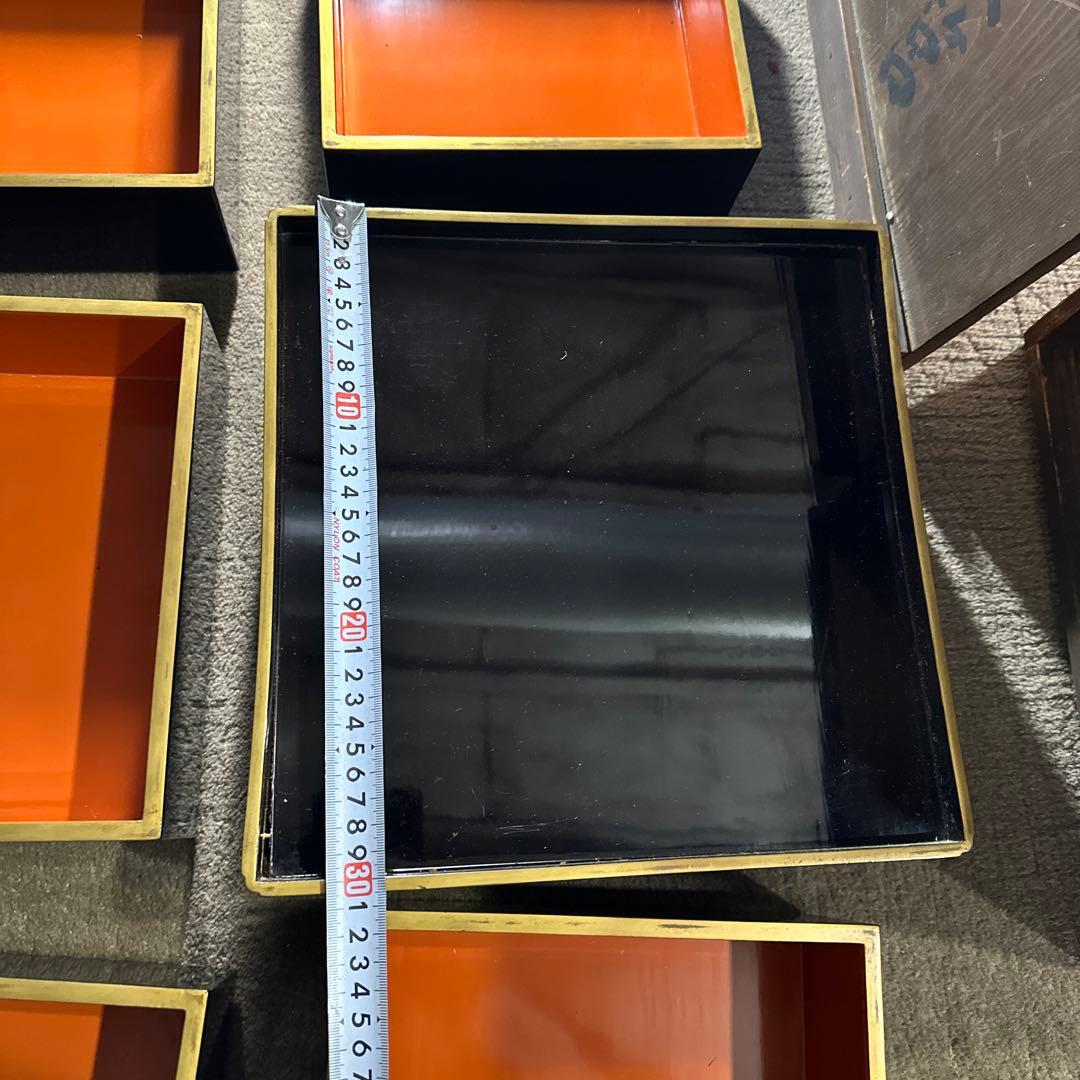 旧家 輪島塗 五段黒重箱 御膳付き 家紋 丸に九枚笹 時代漆器