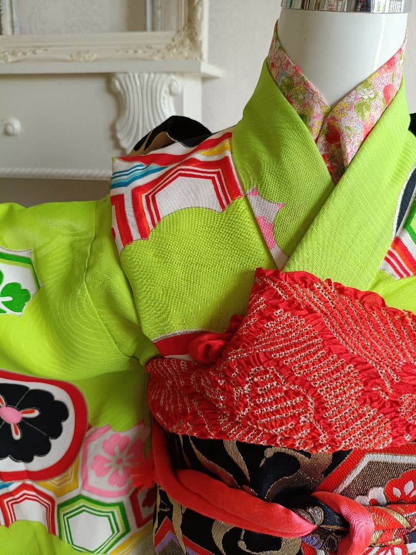 専用です☆アンティーク黄緑の着物とだらり帯セット