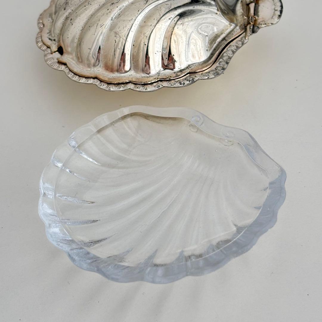 【フランス】シェル バターディッシュ ヴィンテージ ガラスプレート付き メタル