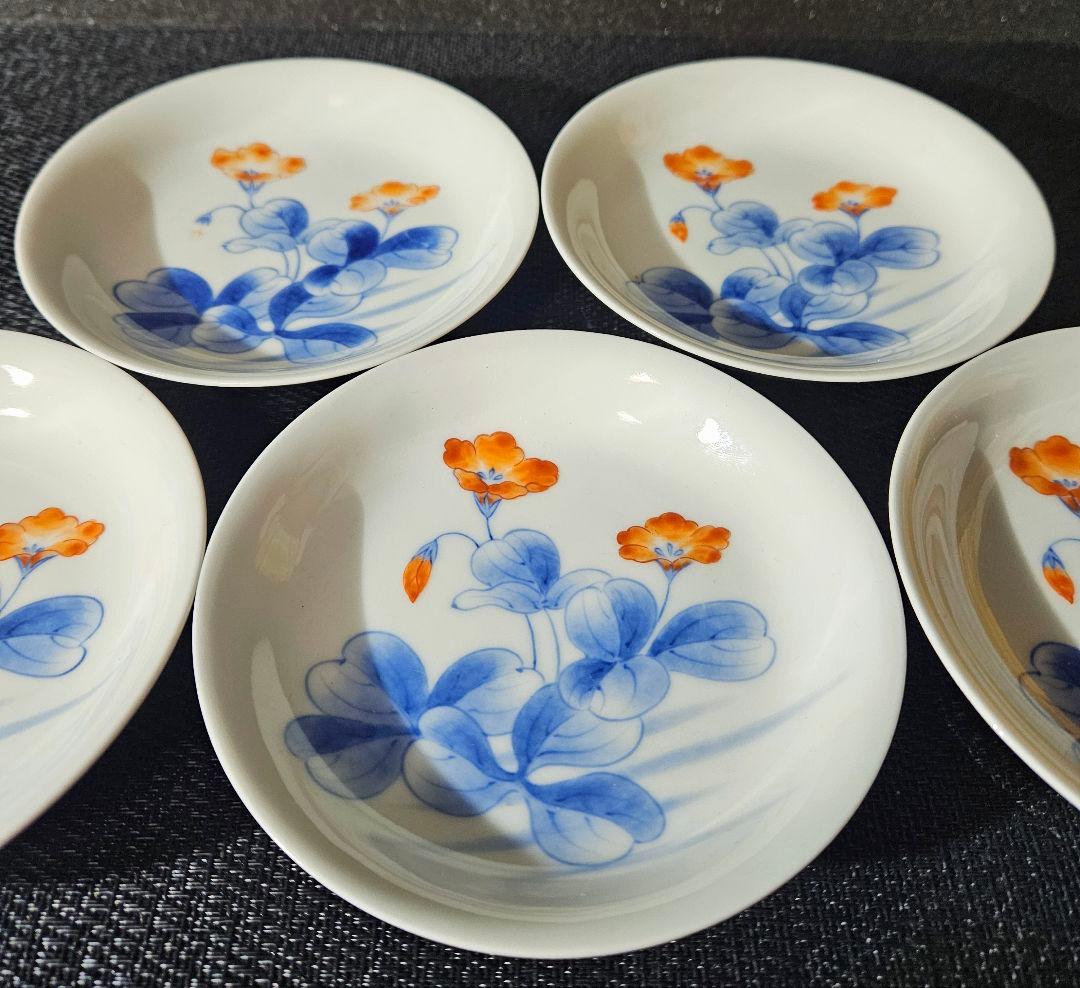 江戸時代末期〜明治時代　色鍋島　草花図 裏　櫛目文様　12.2cm　四寸皿5客