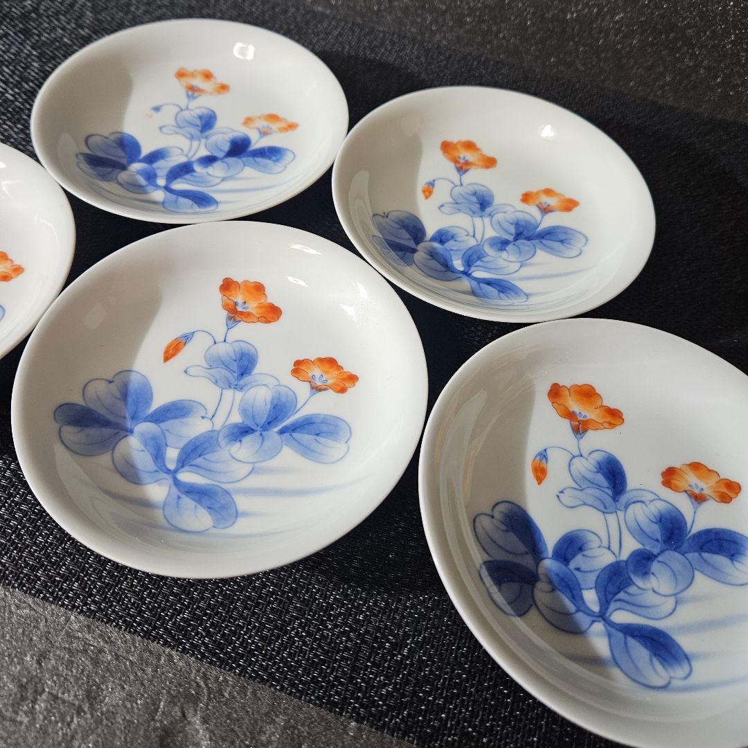 江戸時代末期〜明治時代　色鍋島　草花図 裏　櫛目文様　12.2cm　四寸皿5客