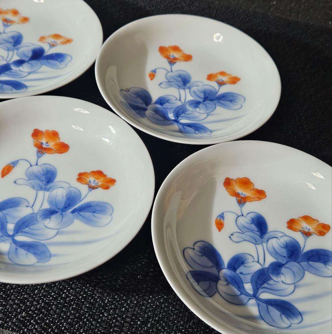 江戸時代末期〜明治時代　色鍋島　草花図 裏　櫛目文様　12.2cm　四寸皿5客