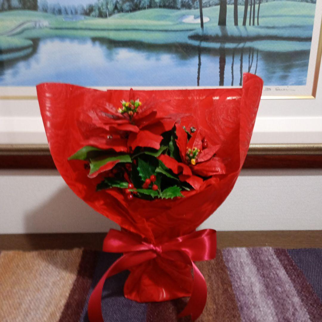 ポインセチアとクリスマスローズアレンジ 　クレイフラワー　樹脂粘土