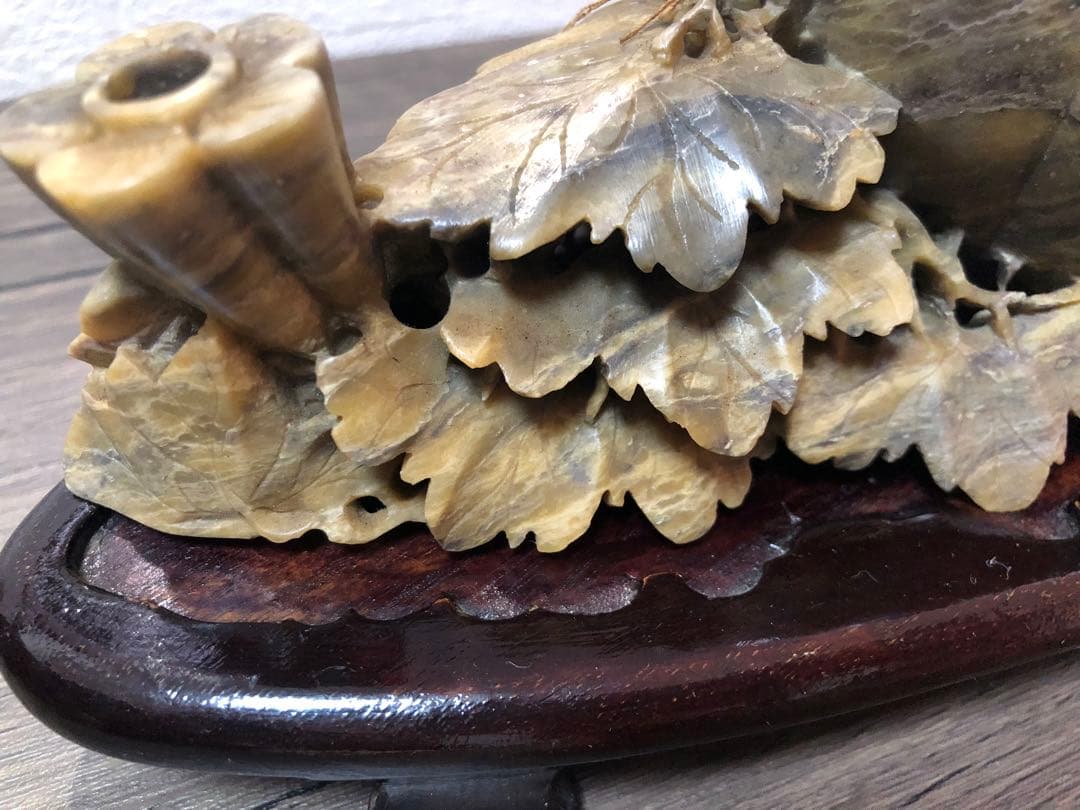 中国美術 骨董アンティーク 石彫 置物 装飾品 灰皿 小物入 木製台座付