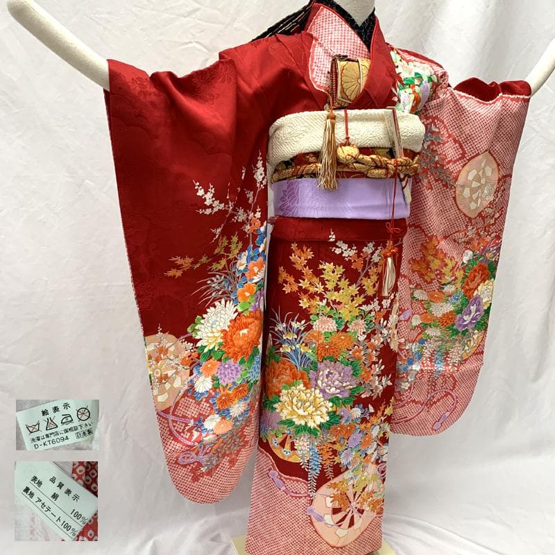 507ag53□七五三 七歳 女児 着物&袋帯 鹿の子 源氏車 花□美品