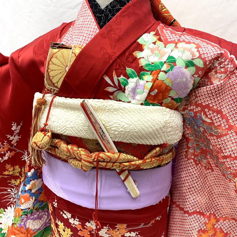 507ag53□七五三 七歳 女児 着物&袋帯 鹿の子 源氏車 花□美品