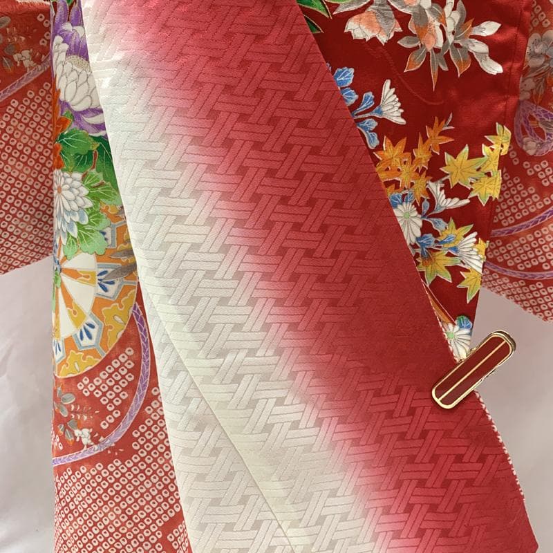 507ag53□七五三 七歳 女児 着物&袋帯 鹿の子 源氏車 花□美品