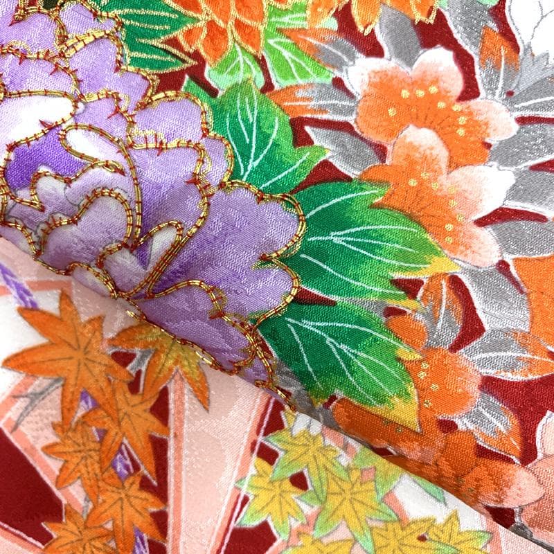 507ag53□七五三 七歳 女児 着物&袋帯 鹿の子 源氏車 花□美品