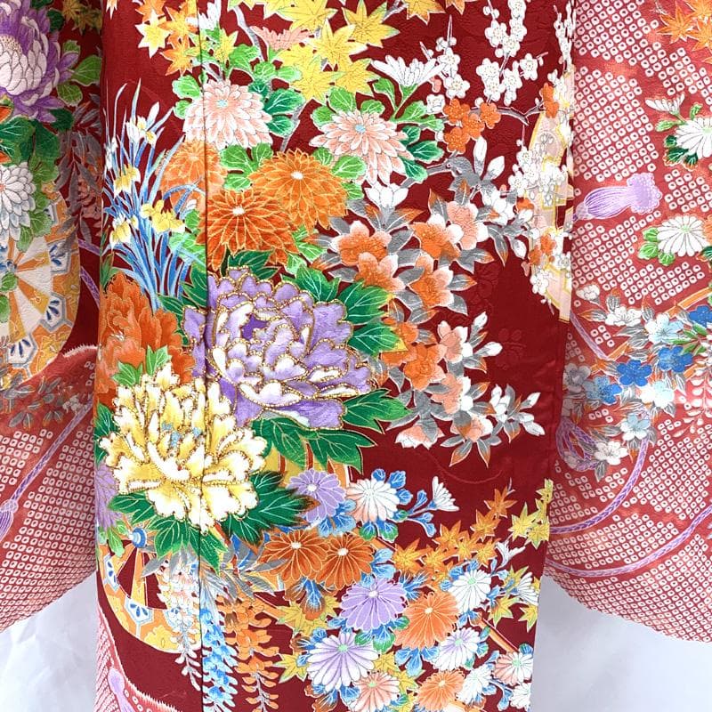 507ag53□七五三 七歳 女児 着物&袋帯 鹿の子 源氏車 花□美品