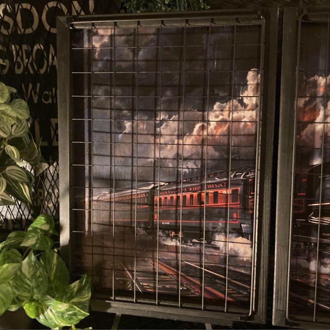 インダストリアル　アイアンフェンス付きウッドアートパネル　蒸気機関車SL