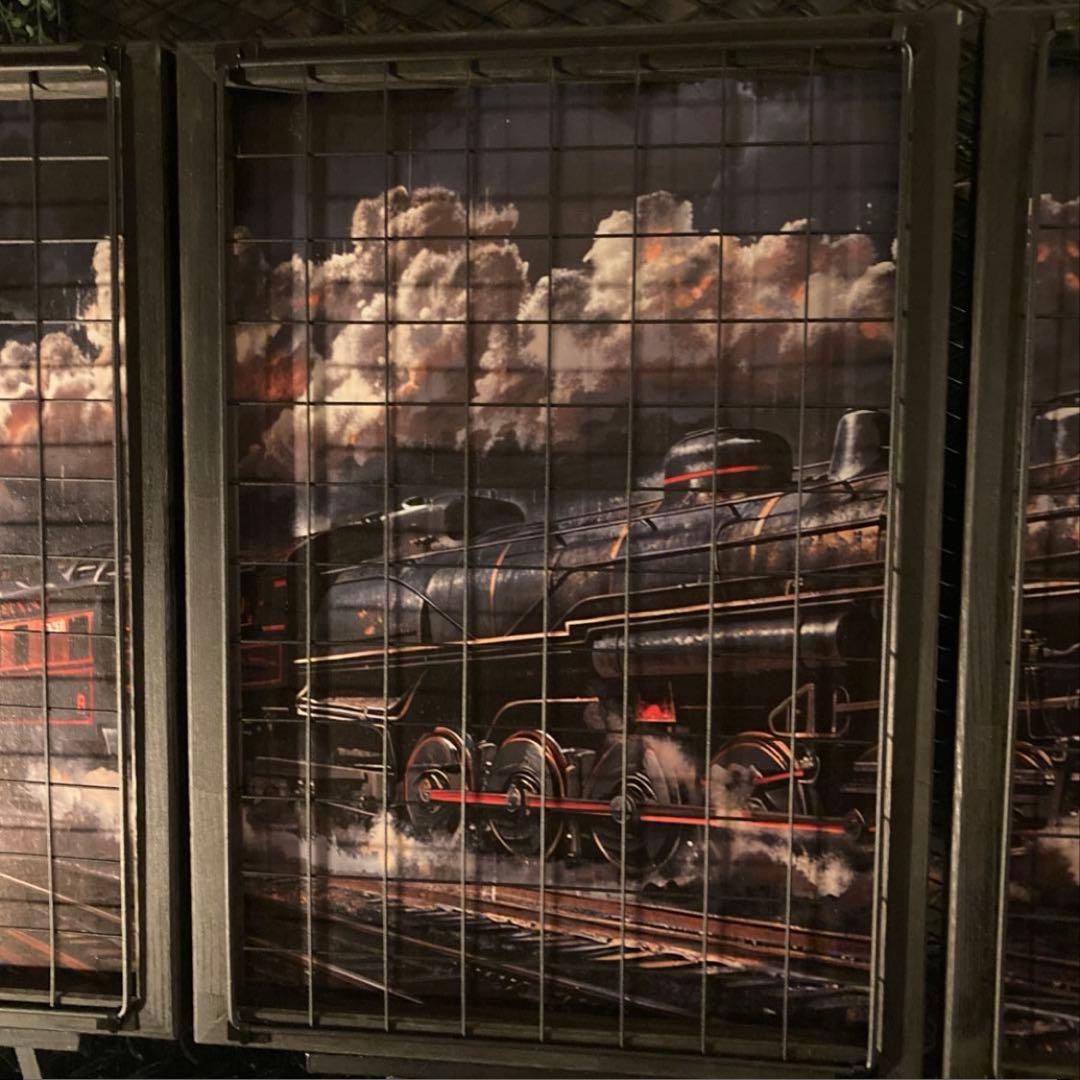 インダストリアル　アイアンフェンス付きウッドアートパネル　蒸気機関車SL