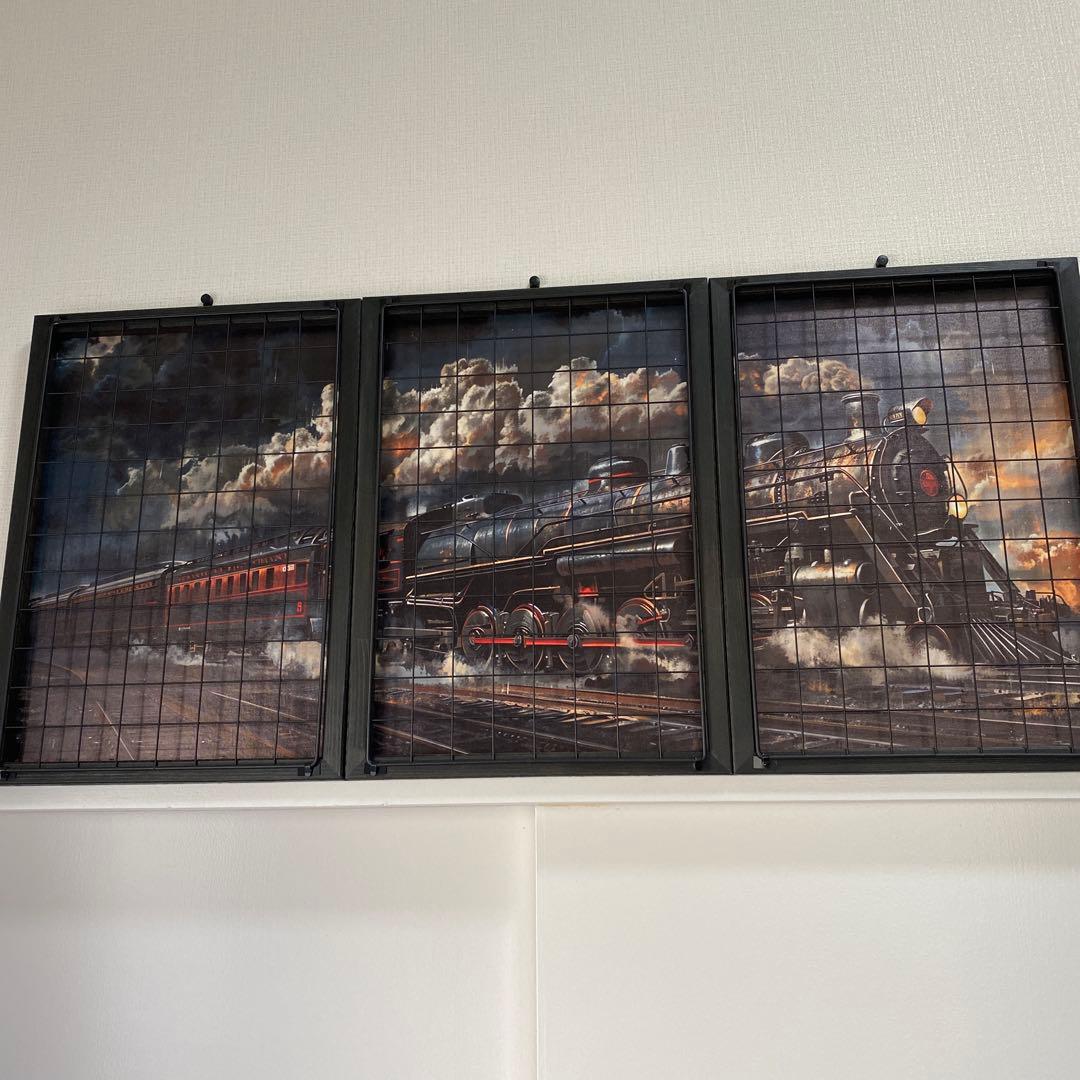 インダストリアル　アイアンフェンス付きウッドアートパネル　蒸気機関車SL