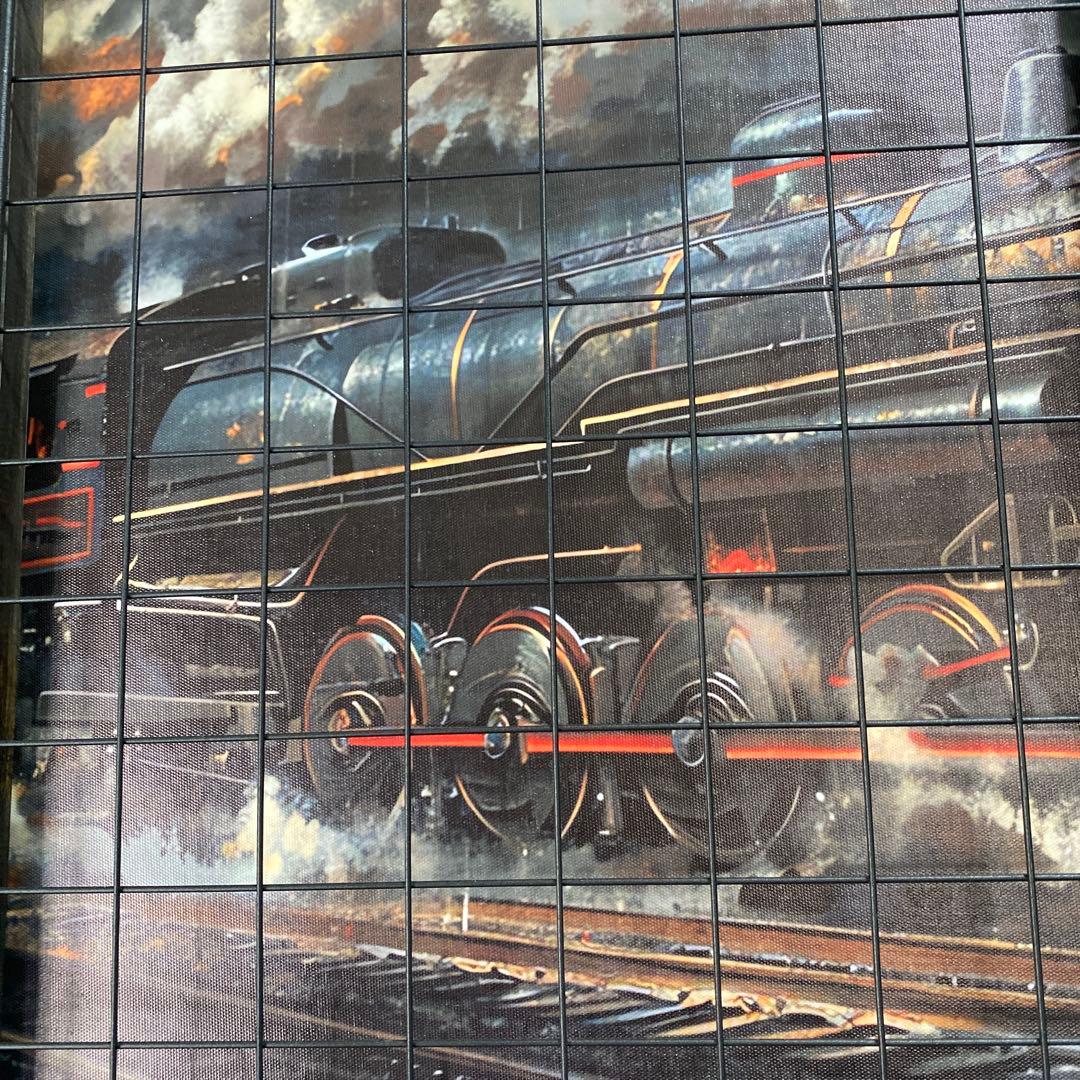 インダストリアル　アイアンフェンス付きウッドアートパネル　蒸気機関車SL