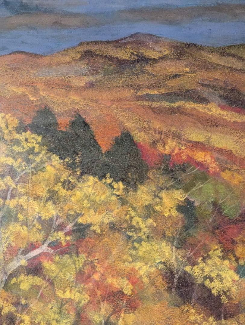 【真作】絵画　日本画8号　錦秋の山並み　紅葉風景画　秋彩の山景　Y181