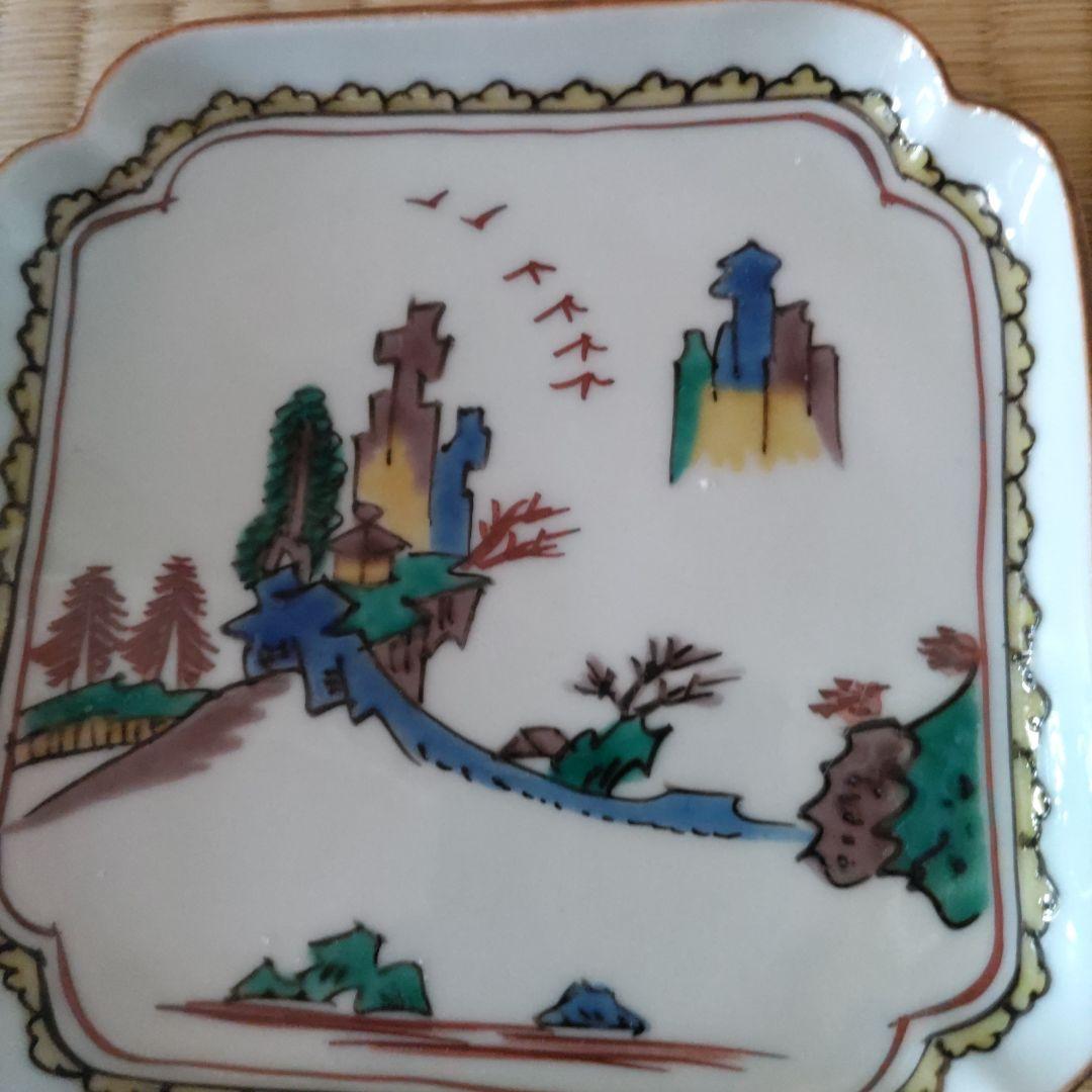 九谷焼 絵替わり 隅切角皿 銘々皿 4枚＋1枚欠けありセット