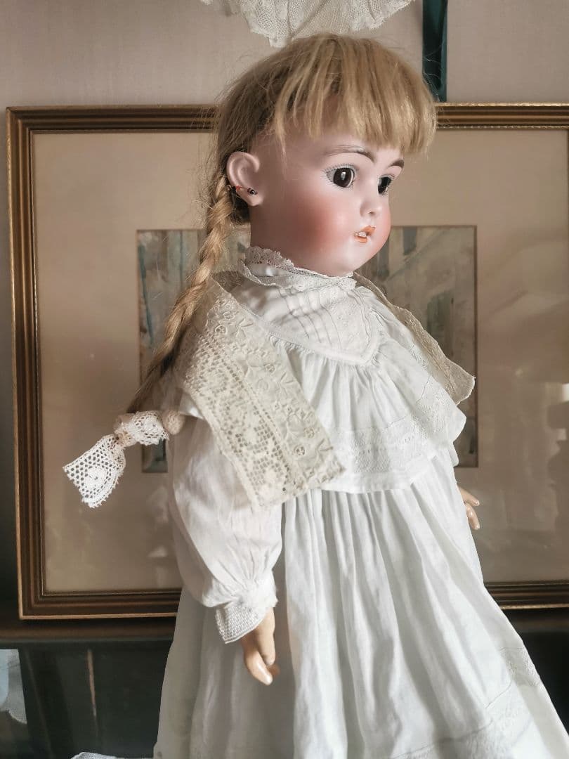 アンティークフランス 小花刺繍＆リネンフィレレース クロシェ編木の実付き 付け襟