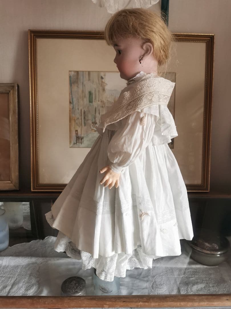 アンティークフランス 小花刺繍＆リネンフィレレース クロシェ編木の実付き 付け襟