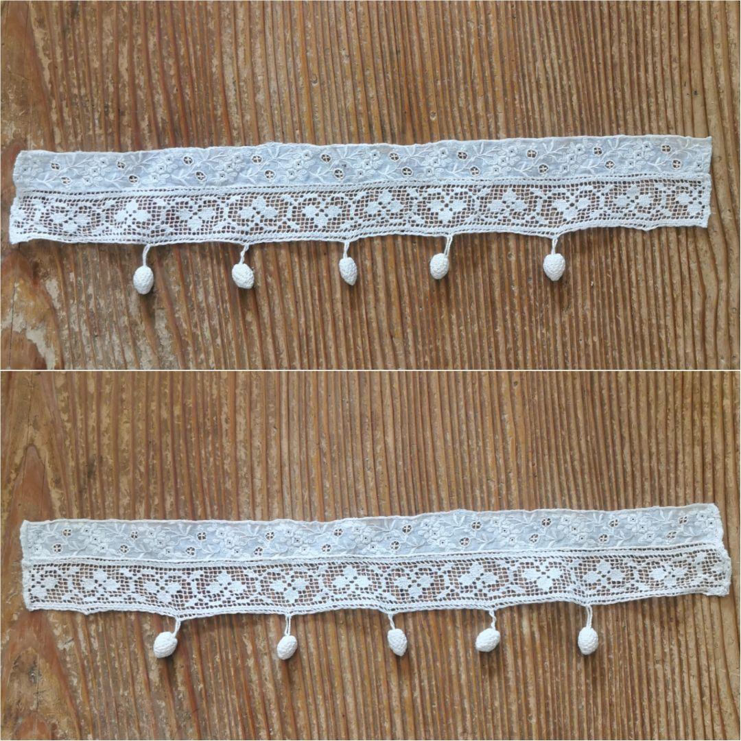 アンティークフランス 小花刺繍＆リネンフィレレース クロシェ編木の実付き 付け襟