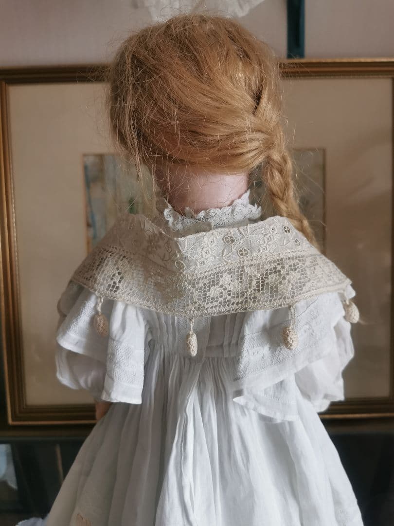 アンティークフランス 小花刺繍＆リネンフィレレース クロシェ編木の実付き 付け襟